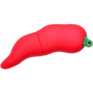 A bright red chilli-shaped flash drive with a green tip, featuring a logo on its surface.