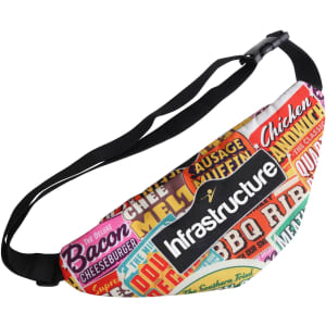 A multi-coloured bum bag with various food-themed graphics and a logo on the front. Features an adjustable strap.