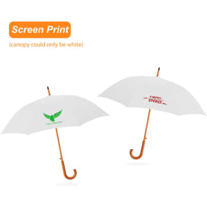 Two white umbrellas with curved wooden handles, featuring logos in green and red. Both have a curved hook handle.