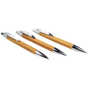 Three eco-friendly bamboo click pens with sleek silver accents. Each pen features a smooth wooden finish.