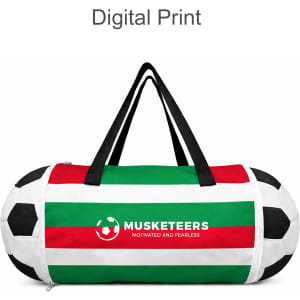 A foldable duffel bag in red, green, and white stripes with a black and white soccer ball design and a logo.