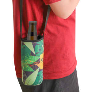 A drink bottle holder with a lanyard, featuring a vibrant tropical pattern in greens and blues.