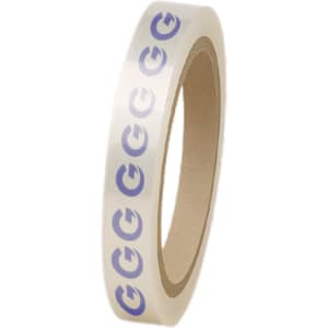 A roll of transparent packing tape with blue logos printed in a repeating pattern on it.