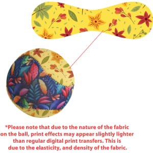 A colourful water bouncing ball featuring floral patterns in yellow and vibrant hues, along with a fabric swatch.