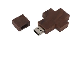 A wooden flash drive shaped like a cross, featuring a removable cap and a metallic USB connector.