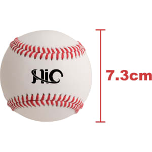 A training baseball in white with red stitching, featuring a logo on its surface, measuring 7.3 cm in diameter.