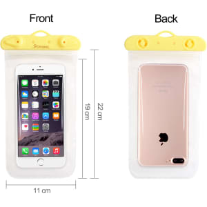A yellow waterproof mobile pouch holding a smartphone, displaying both the front and back views.