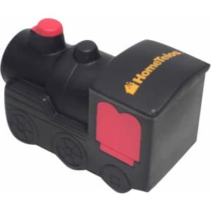 A black locomotive-shaped stress reliever with red details and a logo on the side.