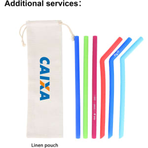 A linen pouch containing four reusable silicone straws in blue, green, pink, and red.