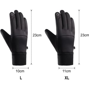 Touchscreen winter gloves in black, displayed in two sizes—L and XL—with dimensions indicated.