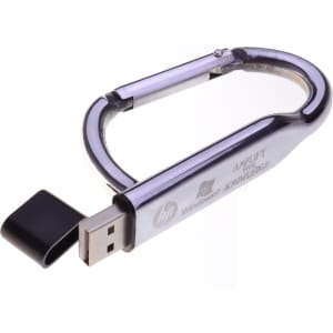 A silver carabiner USB flash drive with a black cap, featuring a logo on the side.
