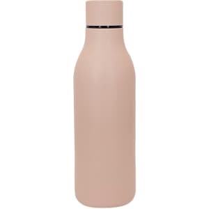 A drink bottle in a soft pink hue with a sleek design and a branded logo.
