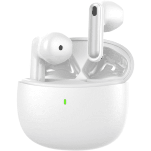 White semi in-ear wireless earbuds in a charging case with a logo and a small indicator light.