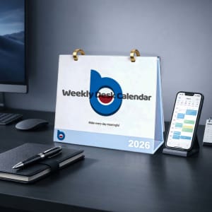 A white desk calendar with gold rings, displaying "Weekly Desk Calendar 2026," beside a smartphone and pen on a desk.