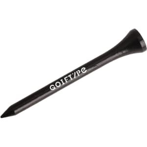 A bamboo golf tee in black with a tapered design and a round head, featuring a logo.