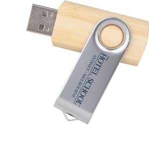 A metal swivel flash drive with a wooden body, featuring a logo on the metal part.