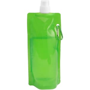 A drink bottle in a bright green colour with a spray nozzle and a carabiner attachment. It has a logo.