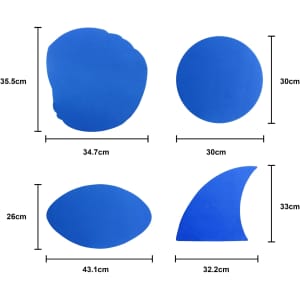 A collection of blue foam mitt shapes with various dimensions displayed on a white background.