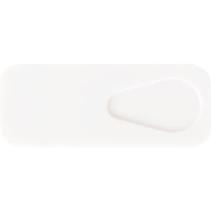 A smart webcam cover in white, featuring a simple design with a sliding mechanism. It has a branding logo.