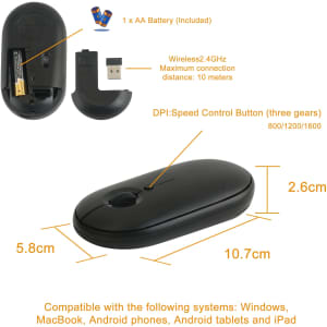 A slim black wireless travel mouse with a USB receiver, featuring a DPI speed control button and an included AA battery.