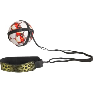 A black and yellow soccer training belt with an attached soccer ball for practice.