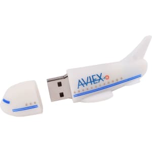 An aeroplane-shaped flash drive in white, featuring blue accents and a logo. The nose section detaches to reveal the USB connector.