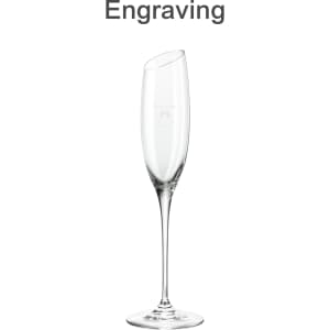 A slanted champagne glass with a clear finish, featuring a tall stem and an engraving area.
