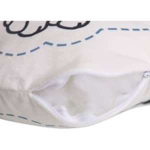 A white custom pillow with a zip opening, revealing soft filling inside. The design features a simple pattern.