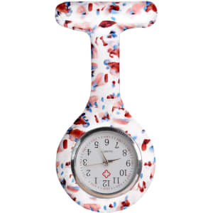 A silicone nurse watch in a colourful speckled pattern featuring a white base with red and blue accents.