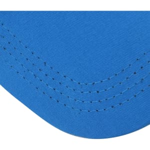 A blue sport visor with detailed stitching, featuring a curved brim, and one branding logo.