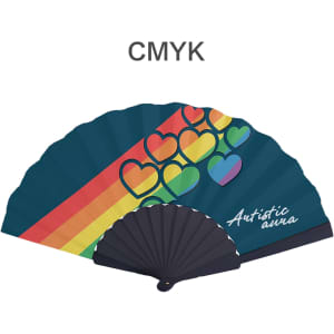 A paper hand-held fan with a blue background, featuring rainbow hearts and a black handle. It has a logo.