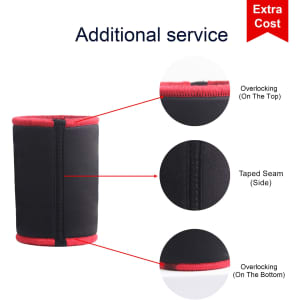 A stubby holder featuring a black exterior with red trim, showcasing overlocking and taped seam details.