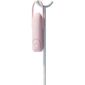 A pink USB handheld mini fan with a flashlight, designed with a hanging hook for easy storage.