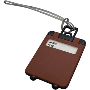 A brown ABS luggage tag with a clear panel for personal information and a metal loop for attachment.