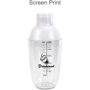 A drink bottle in clear plastic with a domed lid and a black logo, featuring measurement markings on the side.