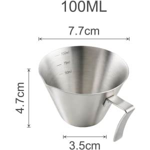 A stainless steel measuring cup with a handle, marked with measurements up to 100ml.