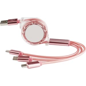 A pink retractable charging cable with USB, Lightning, and Micro USB connectors, featuring a clear casing and a logo.