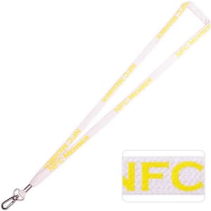 A white bootlace lanyard with yellow text and a silver clip at one end. It features a logo.