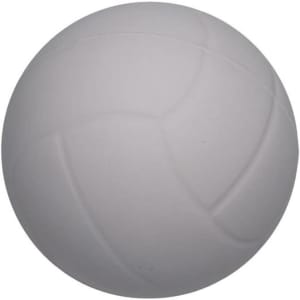 A white volleyball-shaped stress reliever with textured details, featuring a logo on its surface.