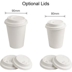 Two white compostable paper cups with optional lids are displayed, highlighting their sizes. A logo is visible.