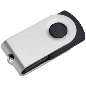 A metallic silver mini flash drive with a black button, featuring a swivel design and a keyring hole.
