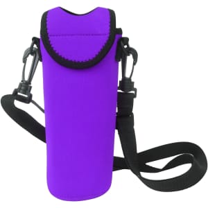 A drink bottle cooler in vibrant purple with a strap and a hook for easy carrying. Features a logo.