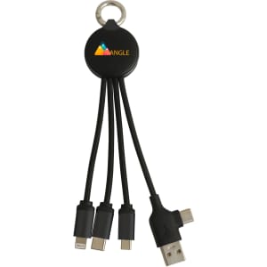A round-shaped, black multi charging cable with multiple connectors and a keyring attachment. It features a logo.