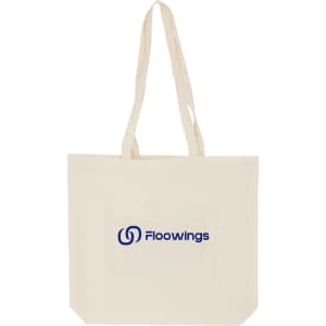 A cream-coloured long handle calico bag with a gusset and a logo.