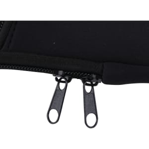 A close-up of a black laptop bag zipper with two zip pulls. The bag features a sleek, minimalist design.