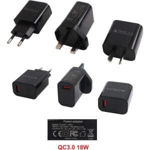 A collection of black power adapters features multiple configurations, including wall chargers and USB options.
