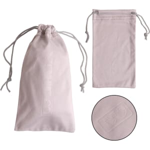 A light grey sunglasses pouch with a drawstring and a logo, ideal for storage and protection.