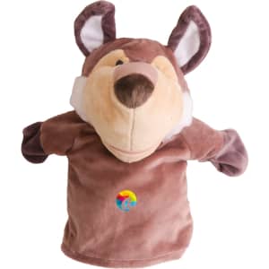 A brown wolf hand puppet with plush fabric, featuring a friendly face and embroidered colours on the front.