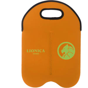 A drink bottle cooler in bright orange with black trim and a logo on the front. It has a handle for easy carrying.