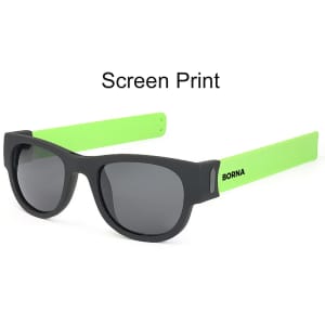 A pair of sunglasses with black frames and bright green arms, featuring a logo on one arm.